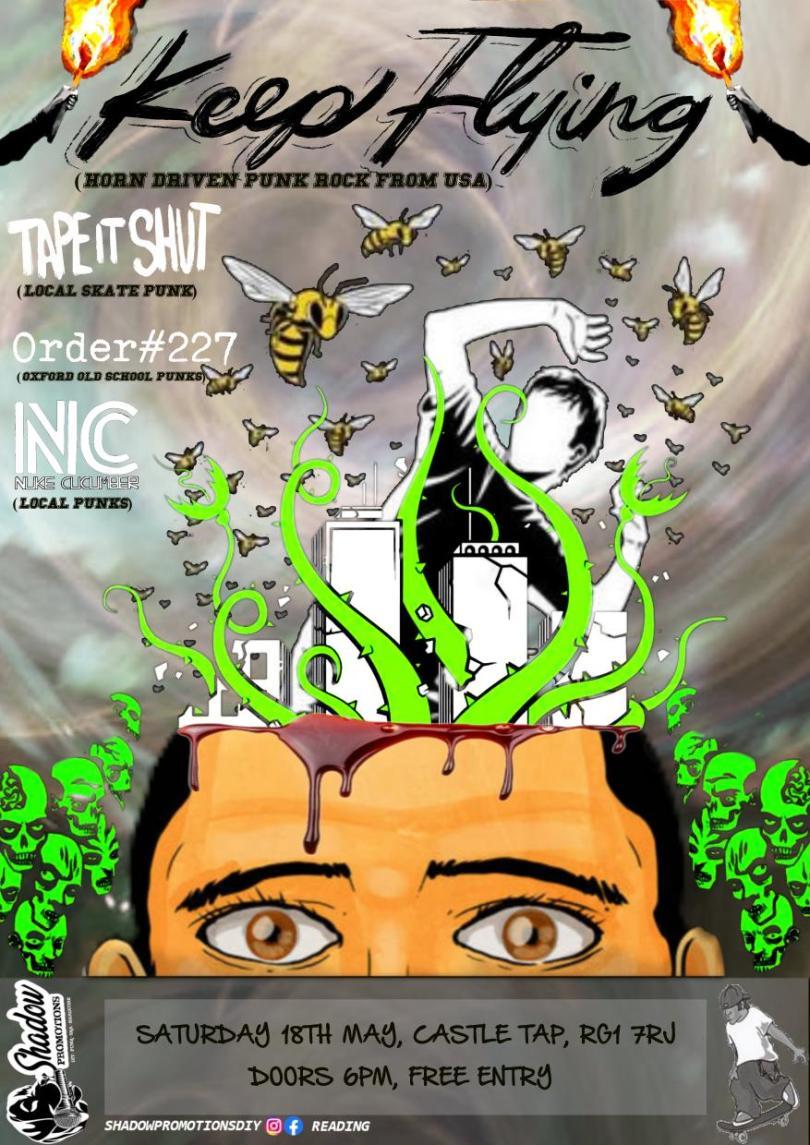 Gig Poster with a grey background. The bottom third is a cartoon image of a head and face with white skin dark hair and brown eyes - out of the top of the head extending up the page is a black & white cityscape with a black and white figure towering in terror behind it. The cityscape is overlaid by neon green tendrils and black and yellow wasps are attaching the figure. At the top and on the left hand side is text with band names etc