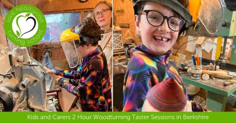 2 photos showing a young boy using a woodturning lathe and then smiling and holding a wooden spinning top