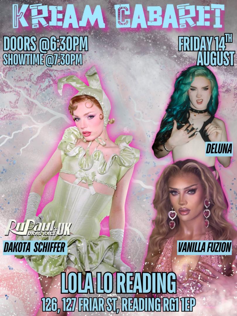 Poster for Kream Cabaret Drag Night with drag queens in sexy outfits