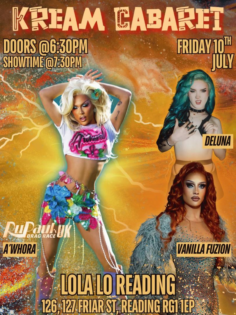 Poster for Kream Cabaret Drag Night with drag queens in sexy outfits
