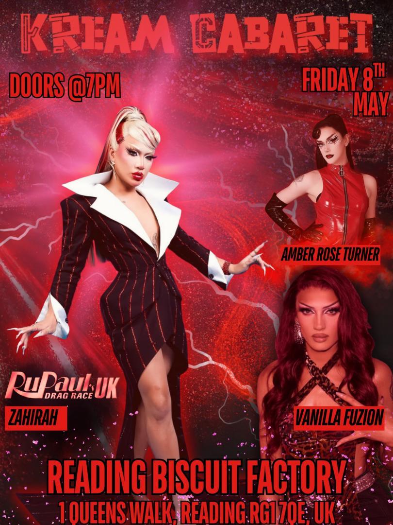 Poster for Kream Cabaret Drag Night with drag queens in sexy outfits