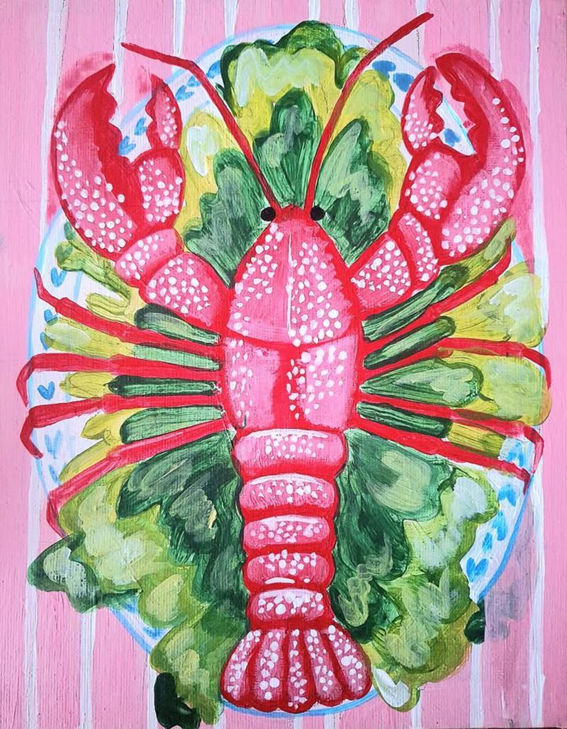 Painting of a lobster on a plate of salad
