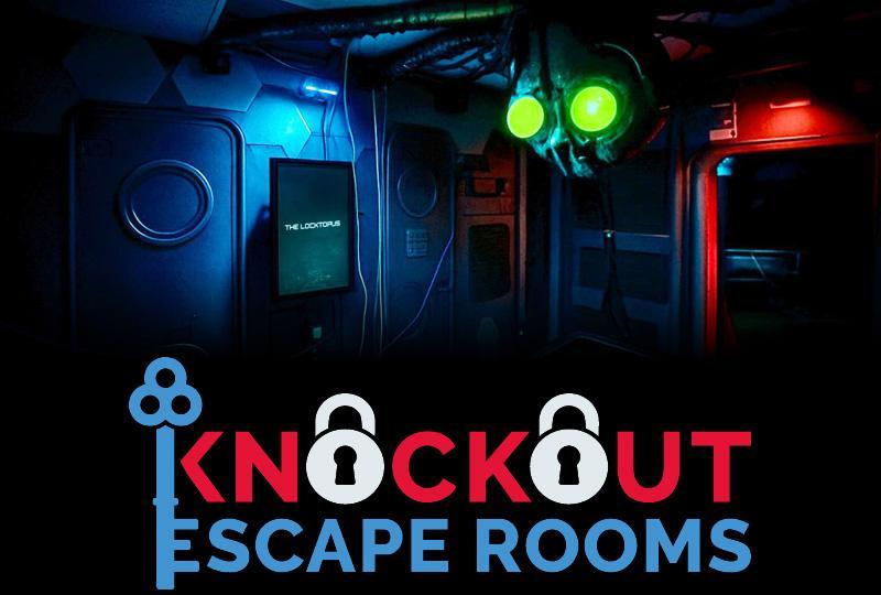 Poster showing a glowing-eyed octopus creature in an escape room