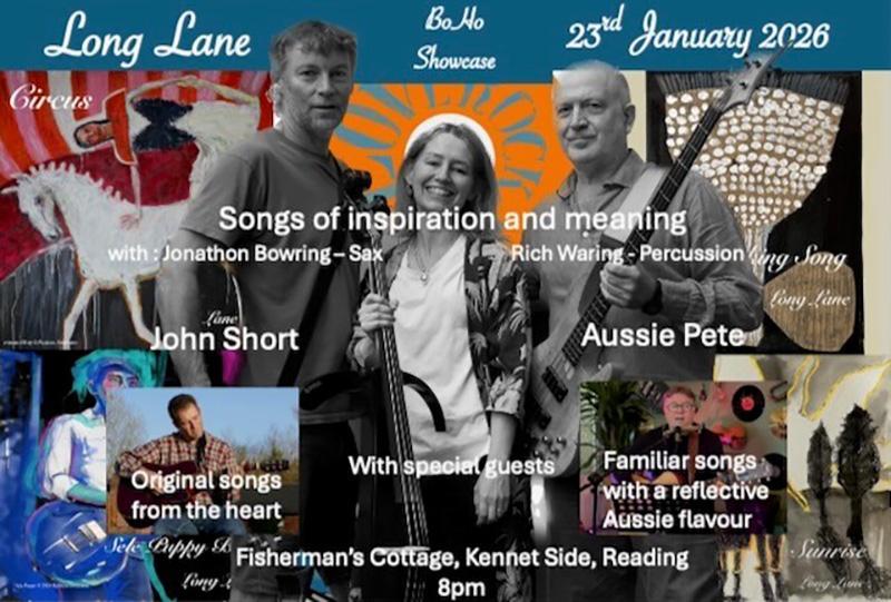 Very busy poster featuring images of the band members and details about the event