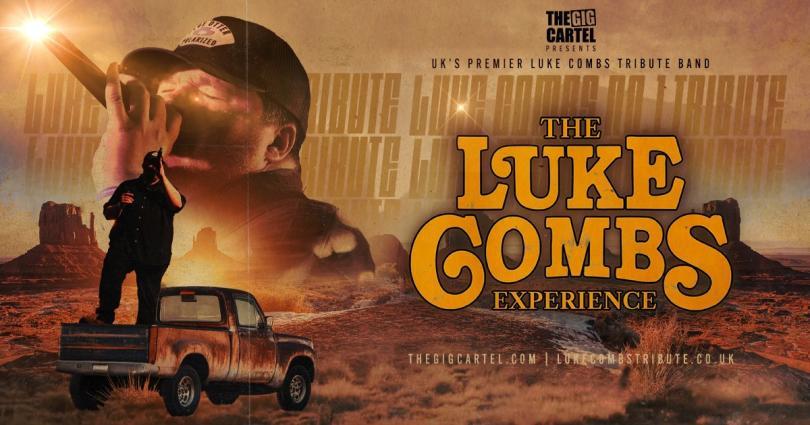 The Luke Combs Experience logo next to an image of a man with a trucker cap and fake beard singing into a microphone