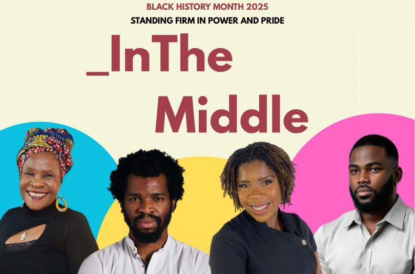 Poster for _InTheMiddle event with four headshots of panelists - two black women and two black men
