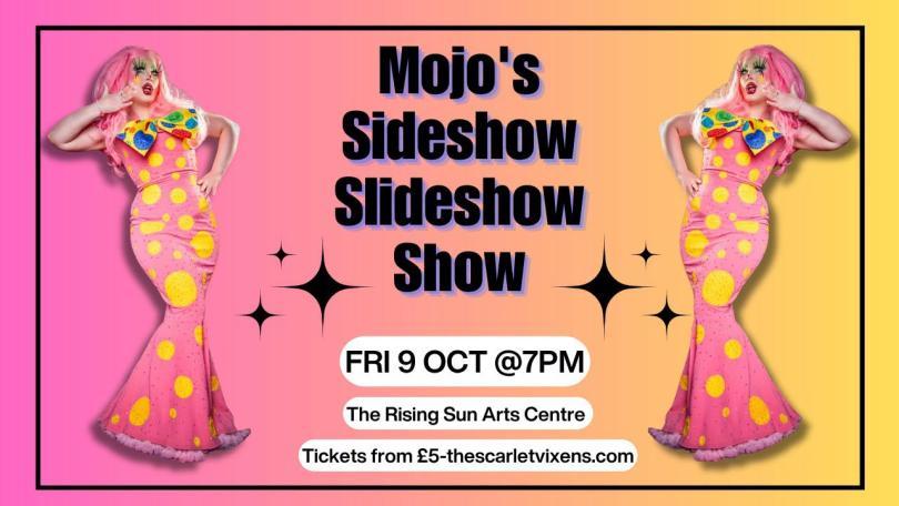 Two mirrored images of Mojo Jones in a Mr Blobby-inspired cocktail dress