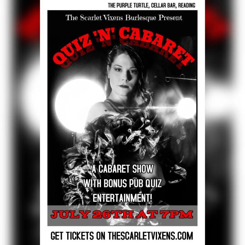 Photo of a burlesque performer and the logo "Quiz n Cabaret"