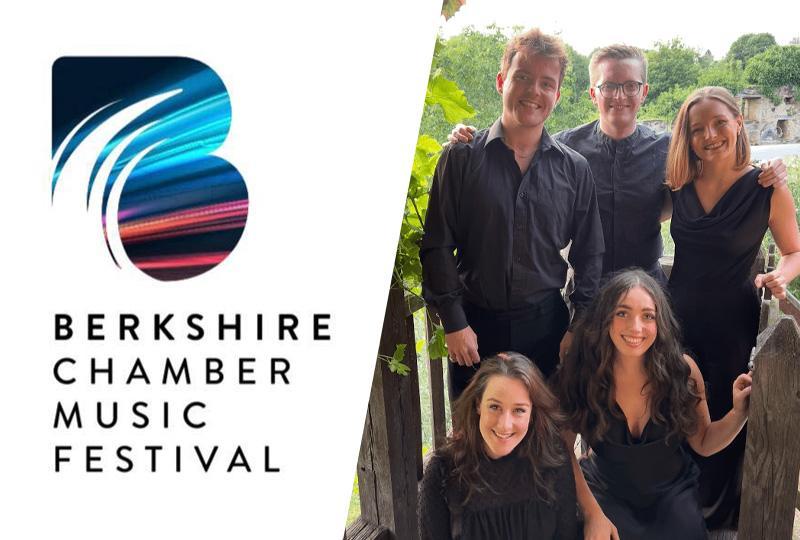 BERKSHIRE CHAMBER MUSIC FESTIVAL logo next to a five chamber musicians dressed all in black