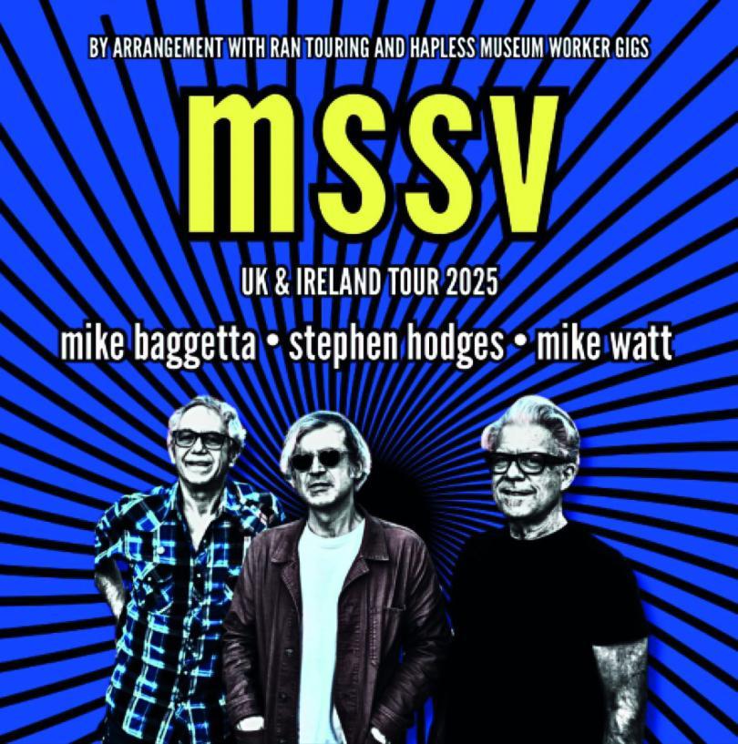 Three middle-aged men in glasses against a migraine-inducing blue and background