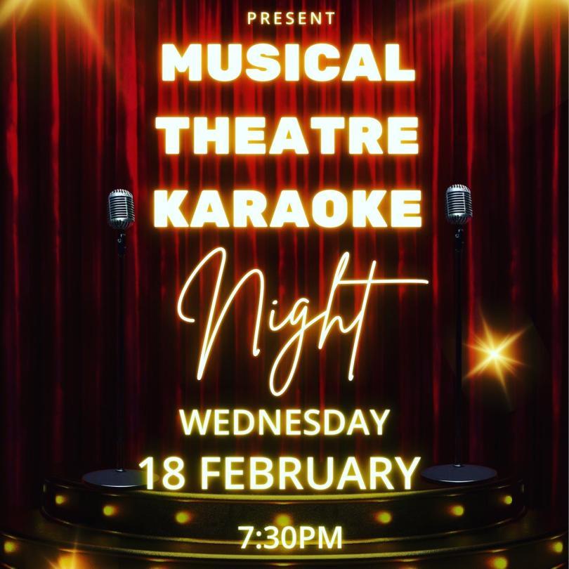 Poster for Musical Theatre Karaoke Night with the title in front of an image of a stage with microphones on it