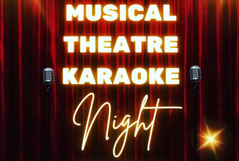 Poster for Musical Theatre Karaoke Night with the title in front of an image of a stage with microphones on it
