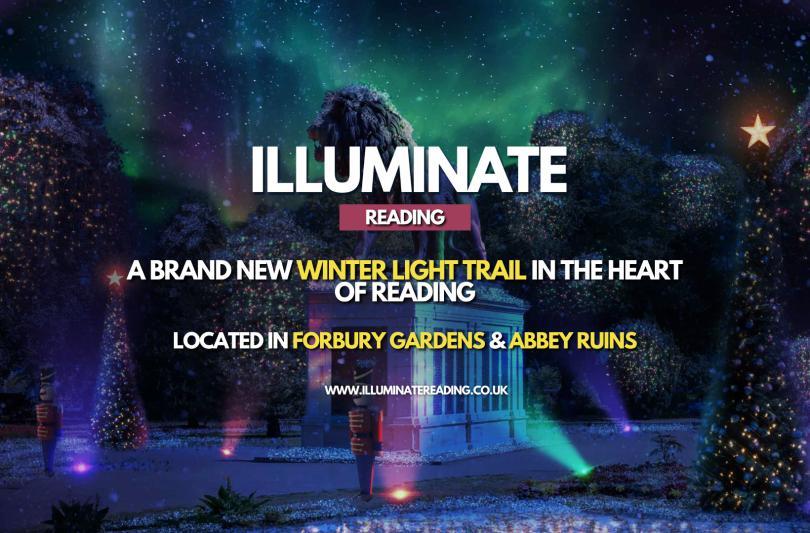 Illuminate Reading logo over an image of the illuminated Forbury Lion