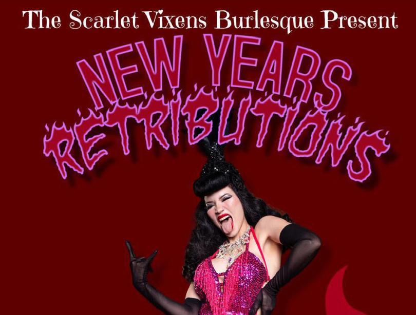 Poster with a burlesque performer in a magenta outfit pulling the "rock" horns