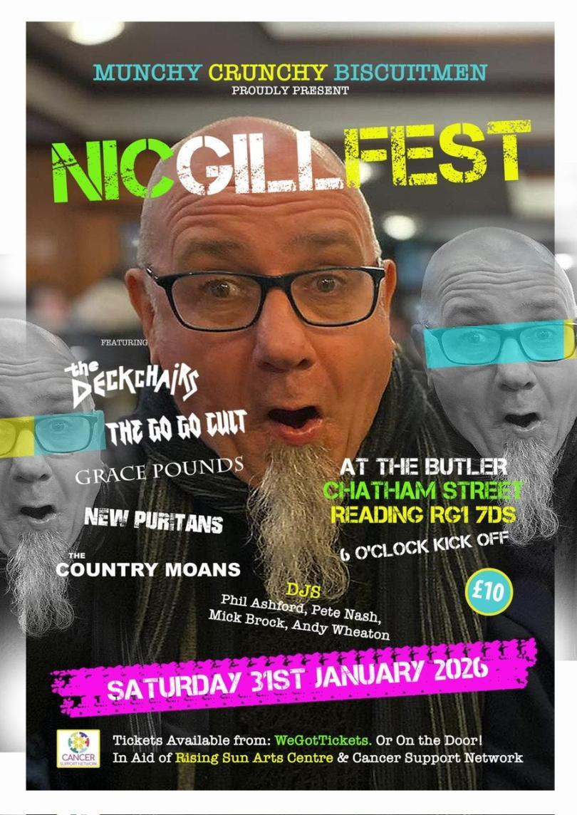 Poster for Nic Gill Fest with a picture of Nick and a list of the bands performing