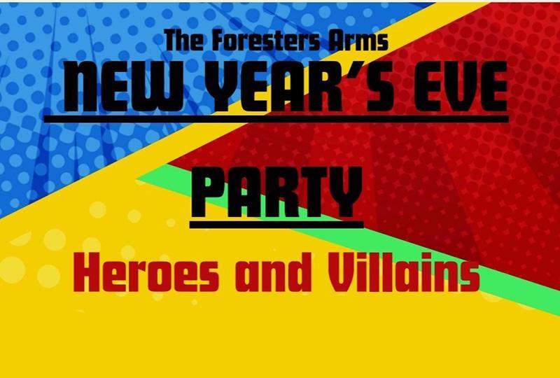 New Year's Eve: Heroes & Villains on a red, yellow and blue background