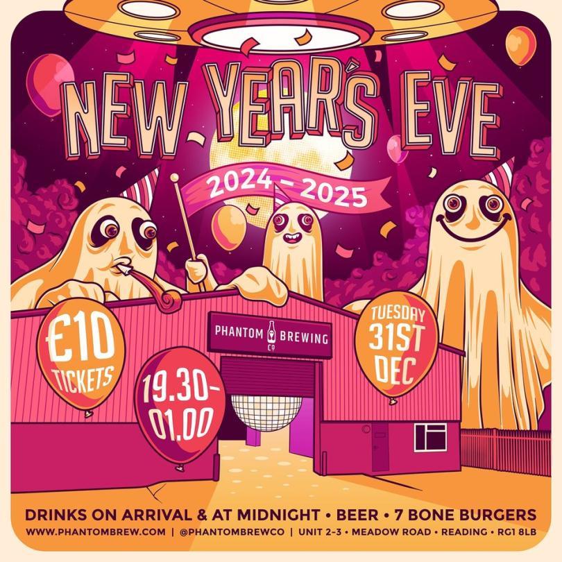 Cartoon images of white-sheet ghosts by the Phantom Brewery