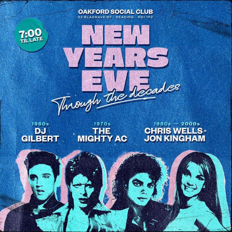 Psoter for New Years Eve - Through The Decades with headshots of Elvis Presley, David Bowie, Michael Jackson and Britney Spears