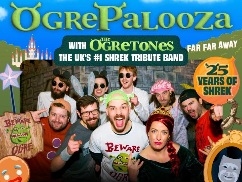 Band members of the Ogrestones dressed in basic cosplay as various Shrek characters