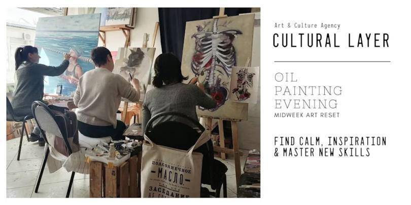 Three people in an oil painting class