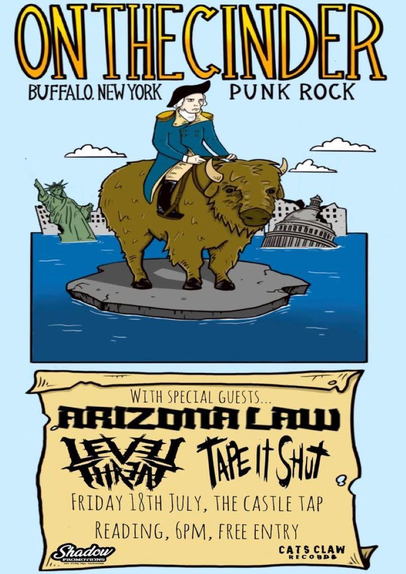 A poster featuring an American founding father figure riding a buffalo as it floats on a bit of pavement and New York sinks behind it.