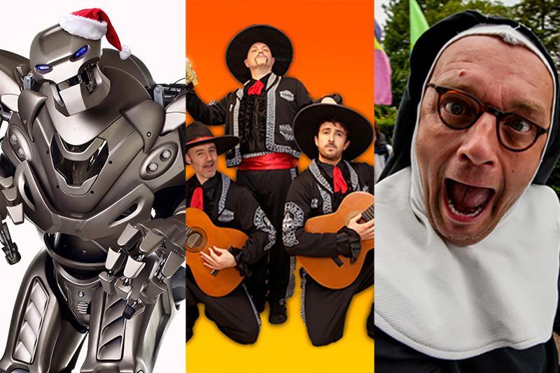 A robot, some mariachi musicians and a man dressed as a nun pulling a wild face