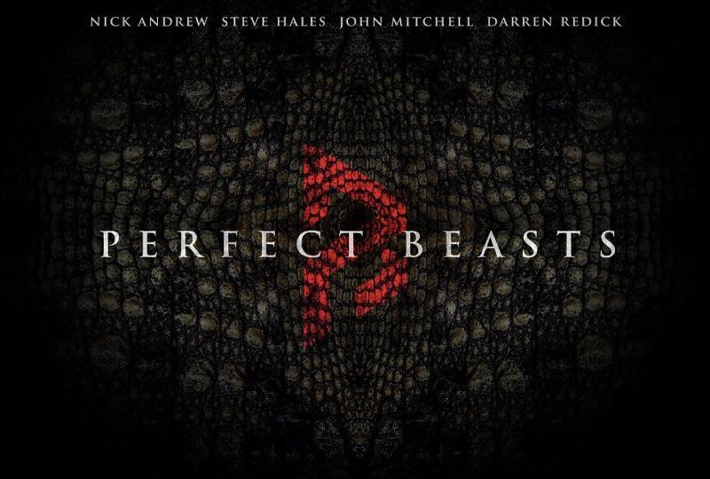 Pefect Beasts logo over a lizard-skin pattern
