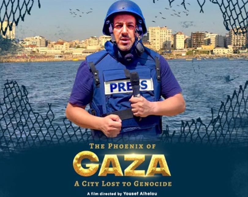 The Phoenix of Gaza movie poster with a picture of a reporter in a flak jacket
