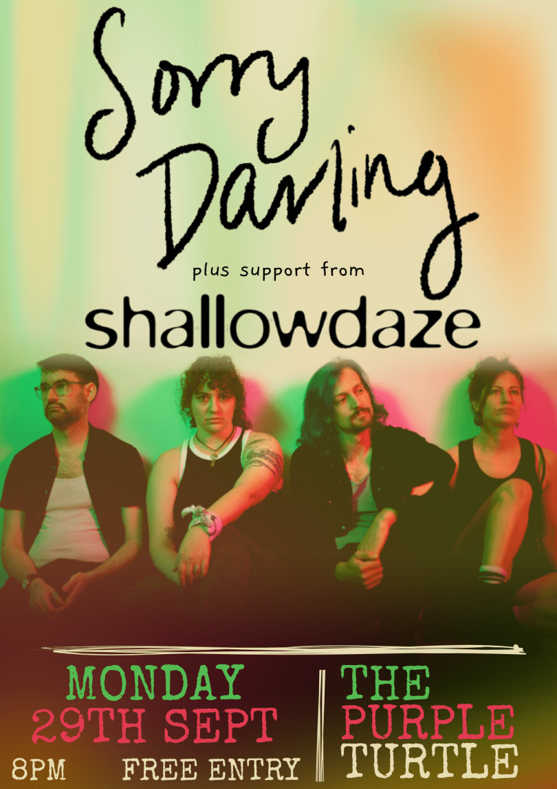 Sorry Darling band members with Shallowdaze logo, haze green and pink background. 