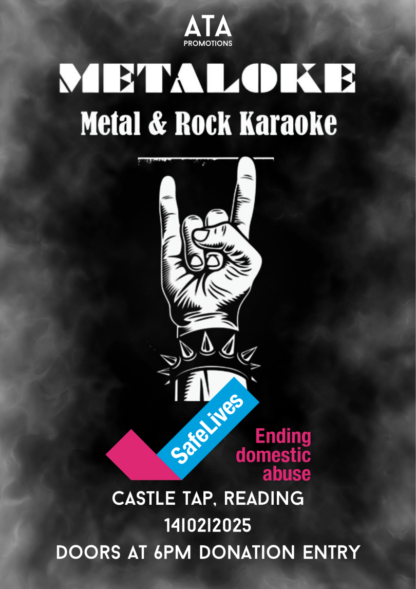 poster with a black background with a hand showing the metal horns gesture above the Safe Lives blue & pink tick logo