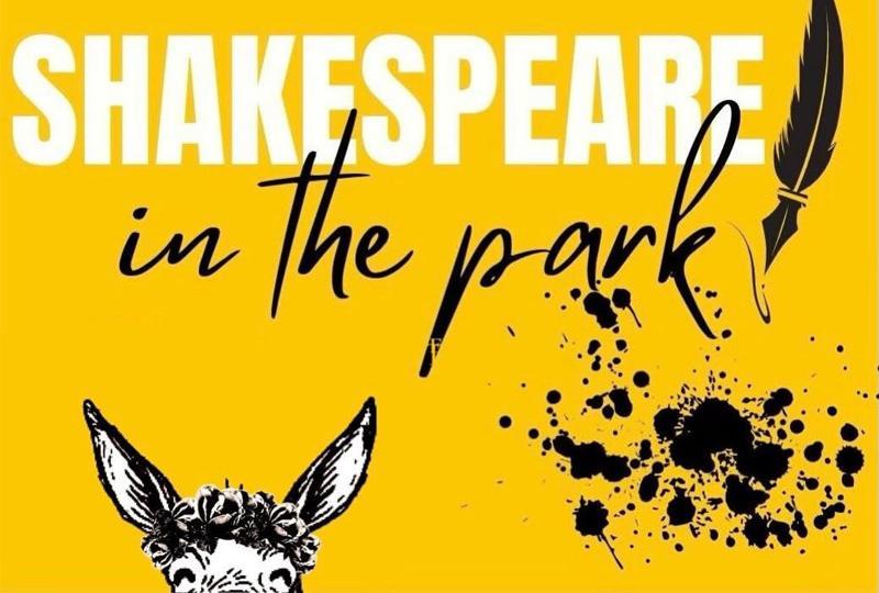 "Shakespeare in the Park" on a yellow background with a small image of a donkey's head peeking up from the bottom