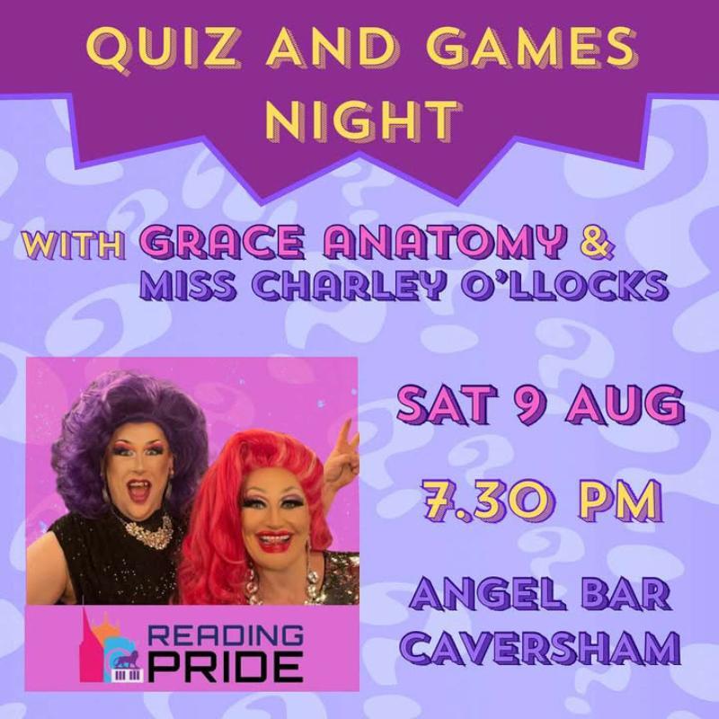 Poster for Quiz n' Games with Grace Anatomy & Miss Charley O'llocks, with a photo of two drag queens