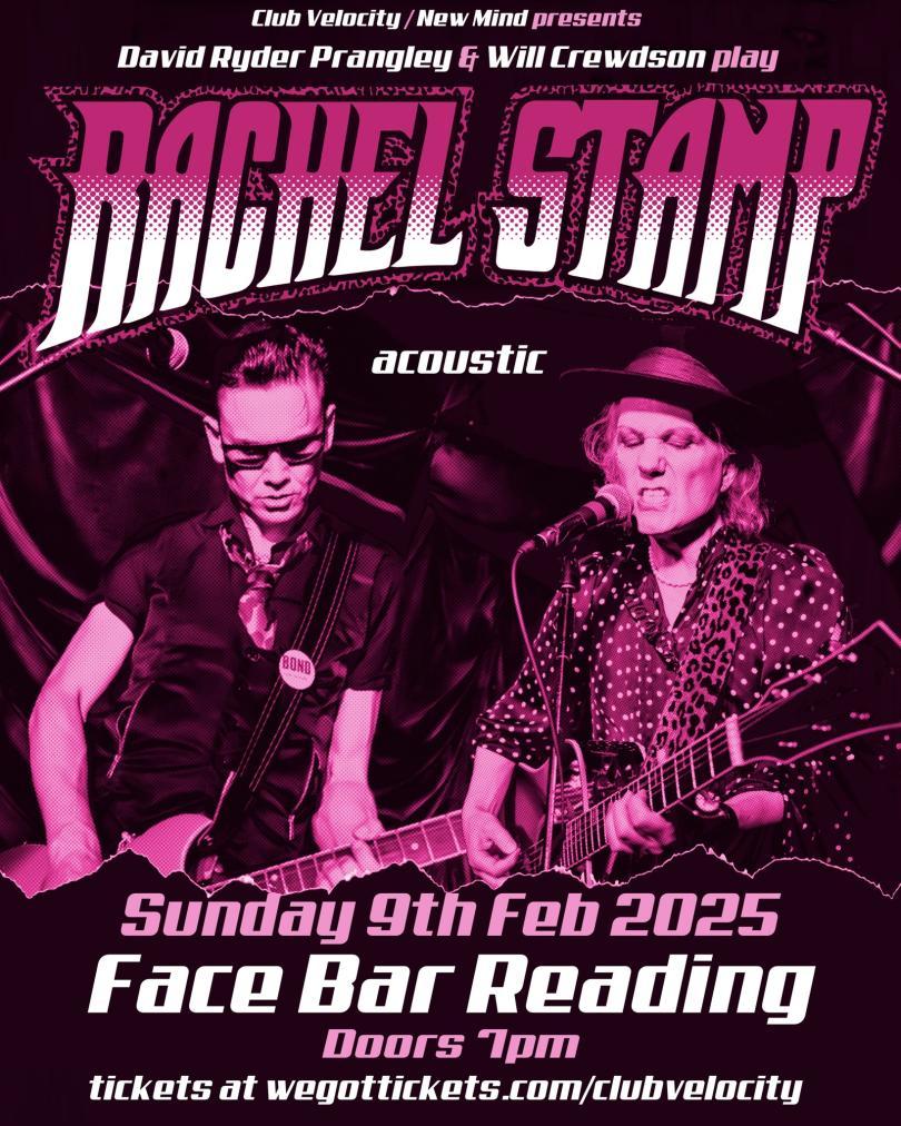purple monochrome poster featuring a man and a woman playing guitars
