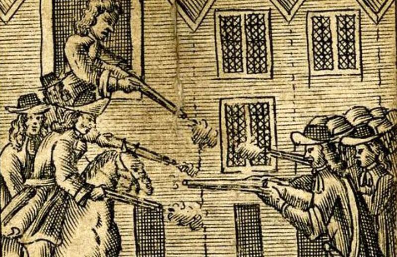 woodcut of a scene of fighting in Reading in 1688