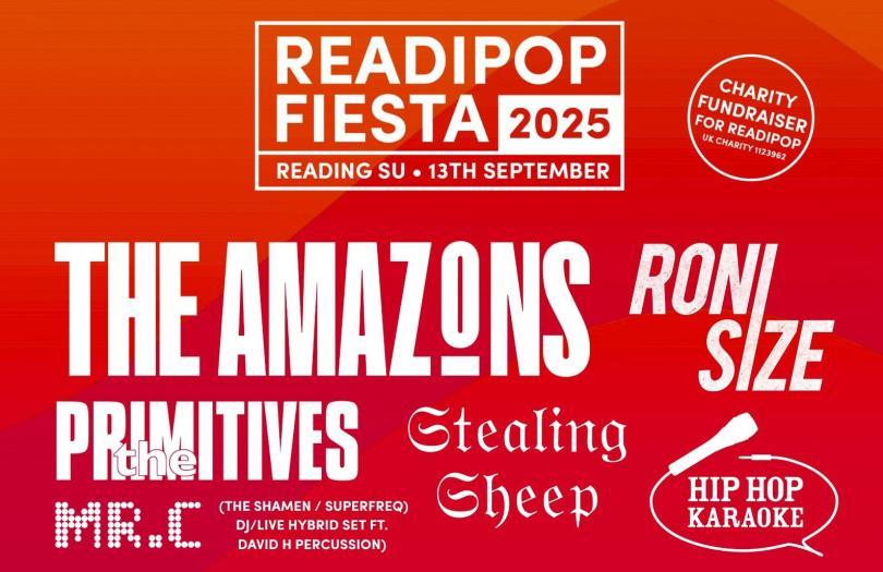 Readipop Fiesta 2025 poster listing the headline acts The Amazons, Stealing Sheep, Roni Size, The Primitives and Mr C