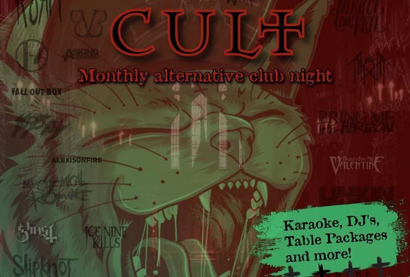 CULT poster with the logo and an image of the Club Reckless cat, covered in band logos