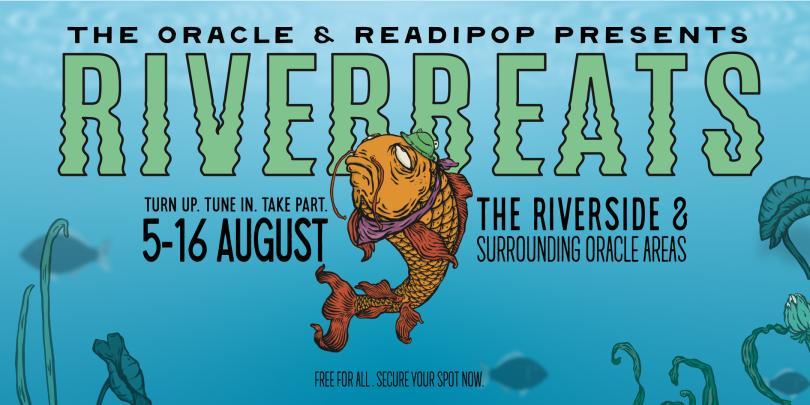 Riverbeats poster featuring a cartoon fish with a hat and neckerchief