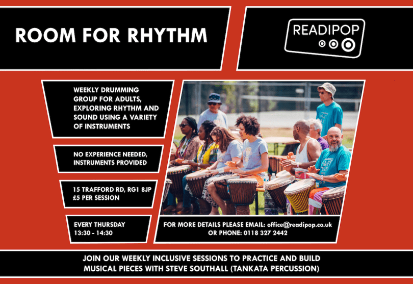 Banner containing information (as seen below) and members of Room for Rhythm performing at Readipop Festival