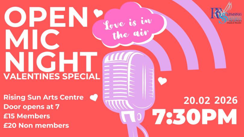 poster for open mic night with an image of a vintage microphone in pink against a red background and details of the event