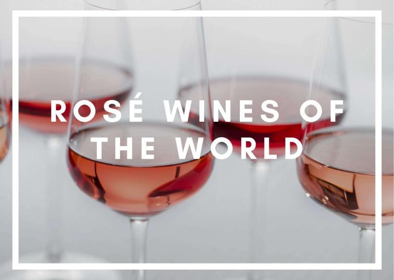 Four glasses of rose wine with bold white text "rose wines of the world"