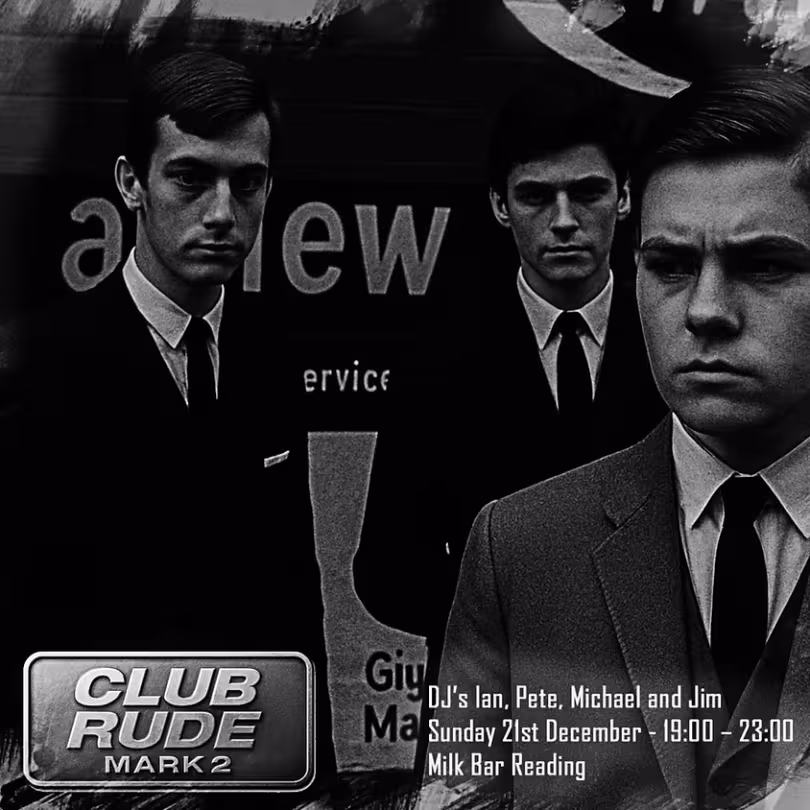 Poster for Club Rude mk2 event with a stock photo of three men in suits