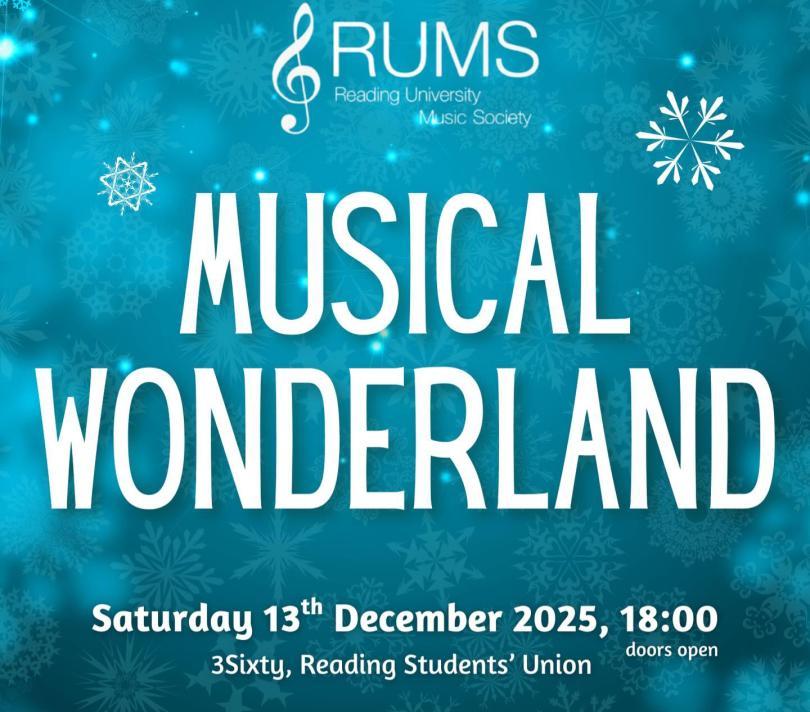 RUMS Musical Wonderland Concert poster with white text on a turquiose snowflake background