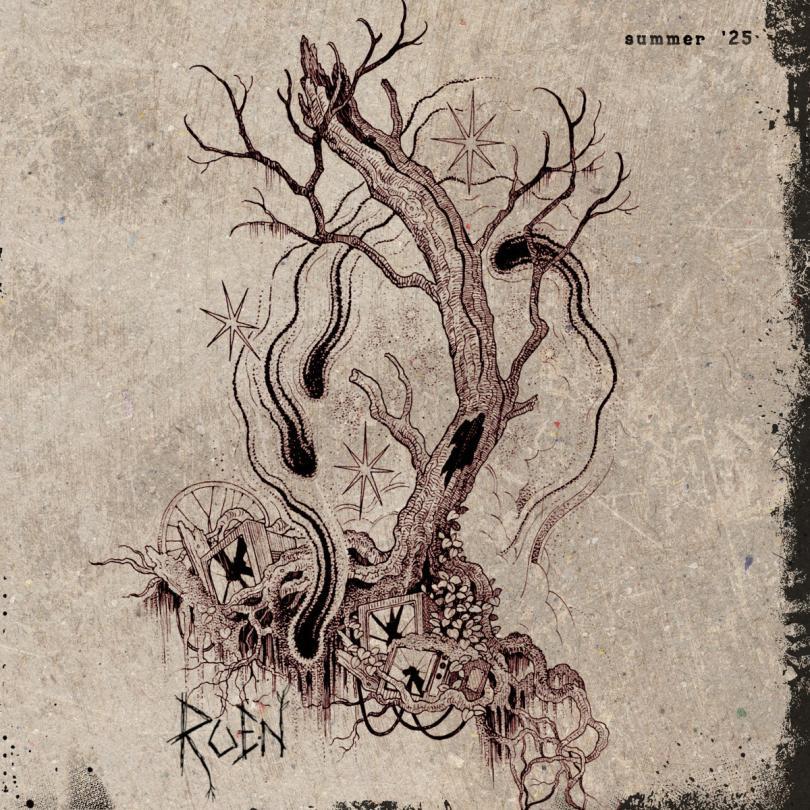 Album cover art in black and white line drawing style. A tree without leaves with black tadpole-like shapes swirling around it 