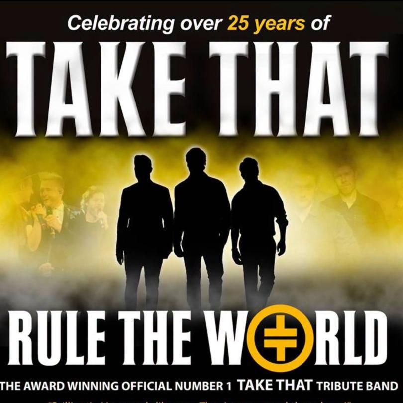 sillhoutte image of three men with the words "take that" above and "rule the world" below