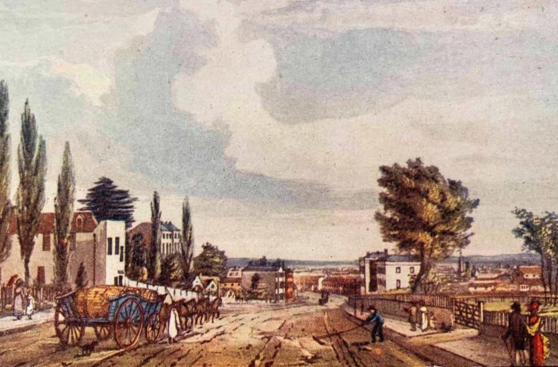 A drawing of Castle Street in Reading in the Georgian period