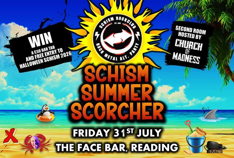 Poster with the Schism logo and beach imagery - sun, sea, sand, sandcastles etc