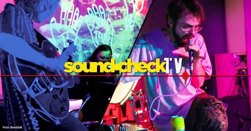 event poster split in two, to show images of the bands performing on stage
