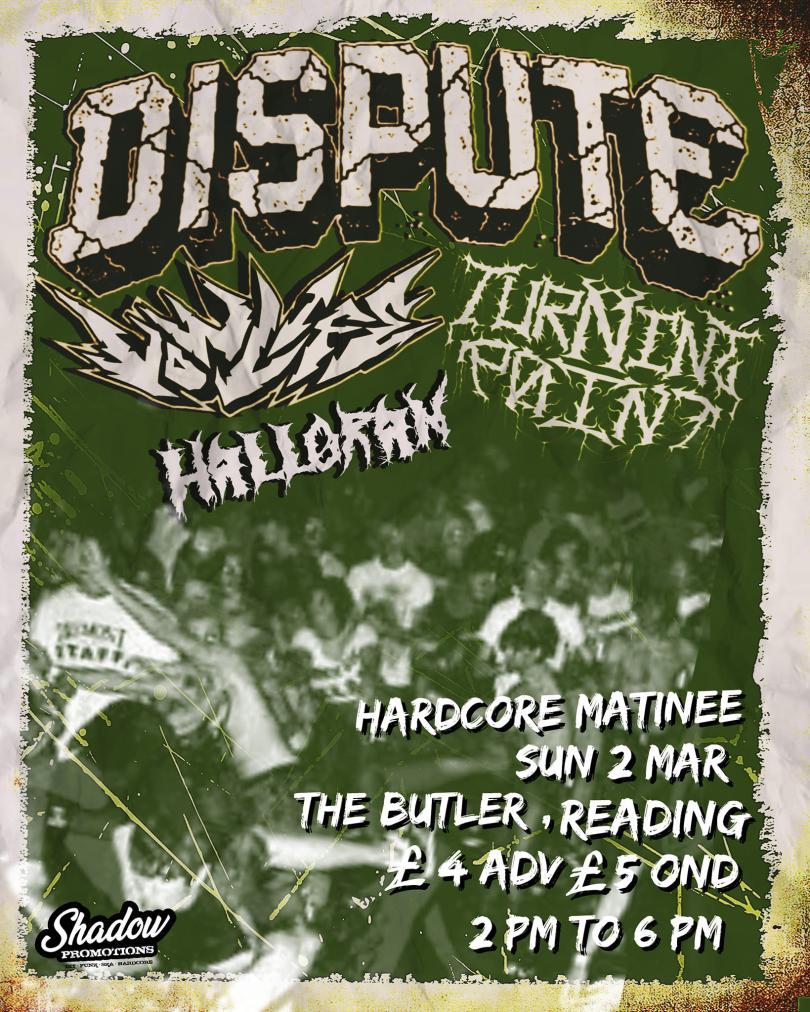 Green monochrome image of a mosh pit at a gig with band logos 