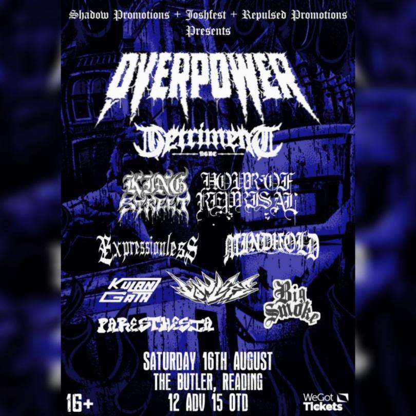 logos for OVERPOWER and supporting bands