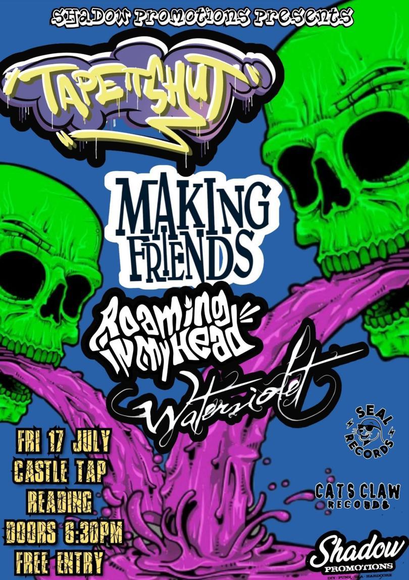 Poster featuring band logos with green skulls puking in the background